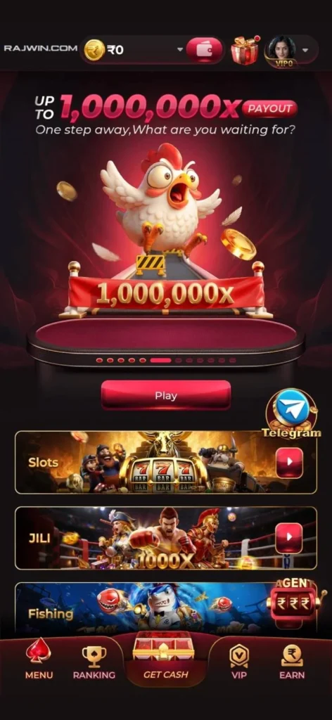 Rajwin Game app dashboard showing mobile gaming interface