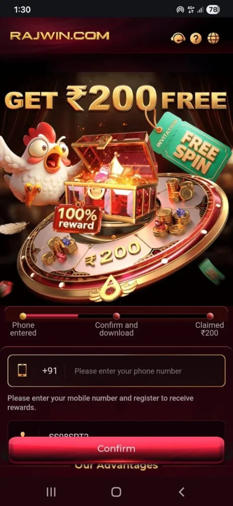 Rajwin Game welcome bonus and rewards section